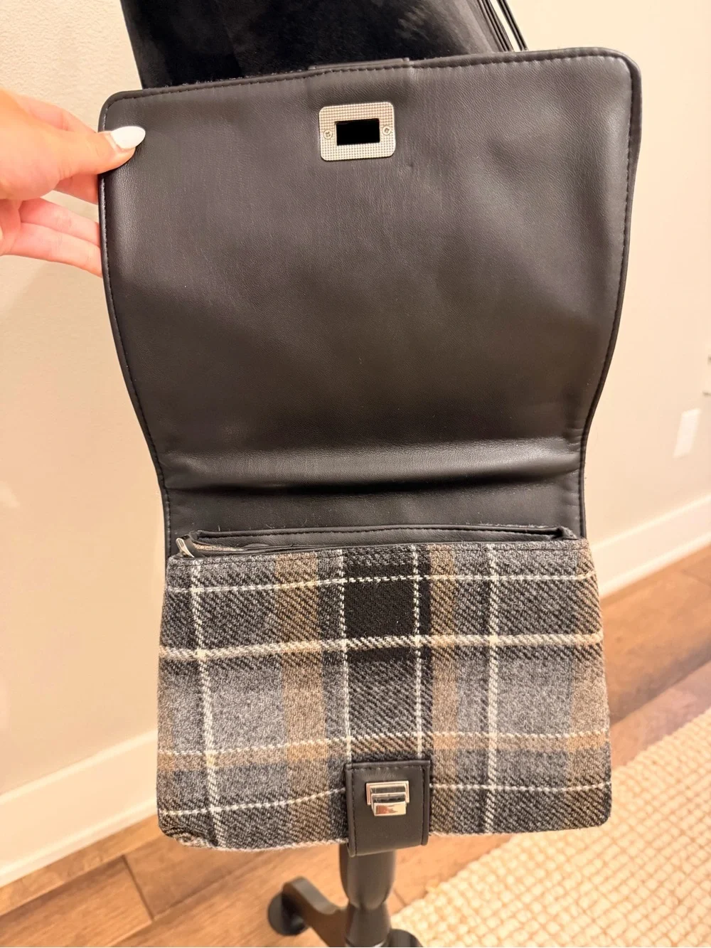 Wool Plaid Messenger Bag with Black Leather Trim